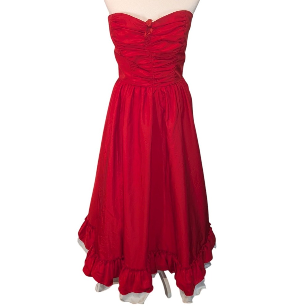 Vintage Red Strapless High Low Ruffle Prom Dress ILGWU Union Made USA Small